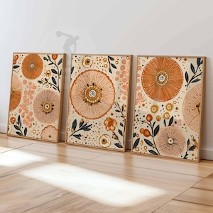 Boho Floral Wall Art Set of 3, Abstract Botanical Prints in Orange and Beige, Modern Sunburst Flower Art for Living Room or Bedroom Decor