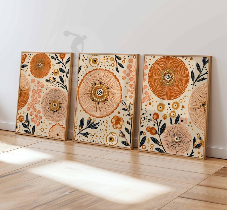Boho Floral Wall Art Set of 3, Abstract Botanical Prints in Orange and ...