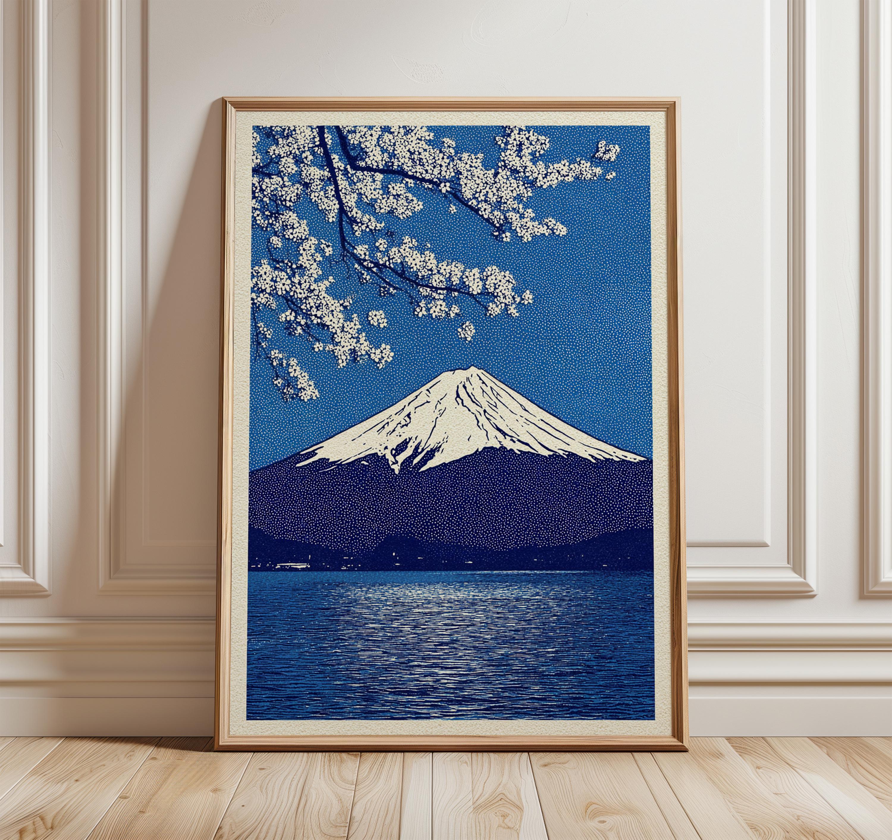 Mount Fuji Art Print, Japanese Ukiyo-e Landscape, Blue Sakura