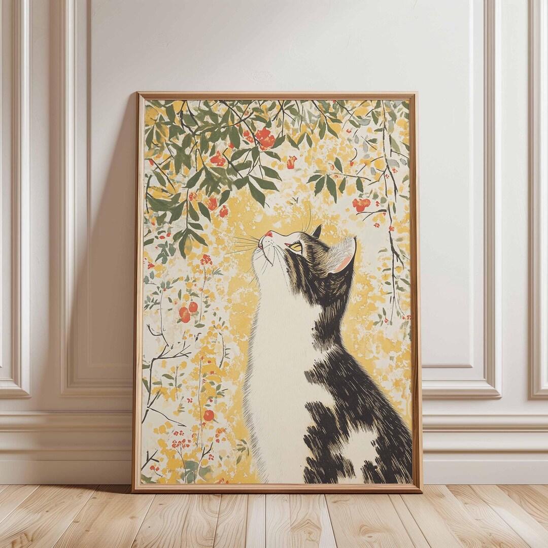Floral Cat Illustration Poster | Yellow Botanical Animal Art Print - Etsy