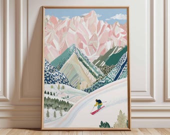 Skiing Wall Art Print, Alpine Mountain Poster, Winter Sports Wall Decor, Snow Landscape Ski Poster, Alpine Mountain Wall Decor
