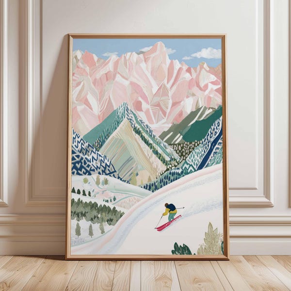 Skiing Wall Art Print, Alpine Mountain Poster, Winter Sports Wall Decor, Snow Landscape Ski Poster, Alpine Mountain Wall Decor