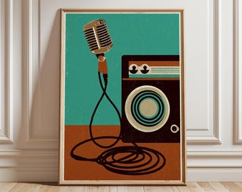 May include: A framed vintage-style illustration featuring a microphone and amplifier. The microphone is gold, and the amplifier is black with a circular speaker. The background is teal and brown, with a coiled black cable. The artwork is in a wooden frame.