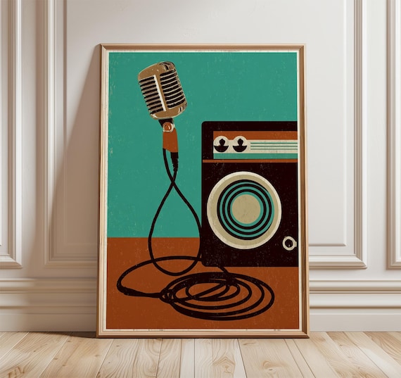 Retro Microphone Art Print, Mid-century Modern Music Studio Decor