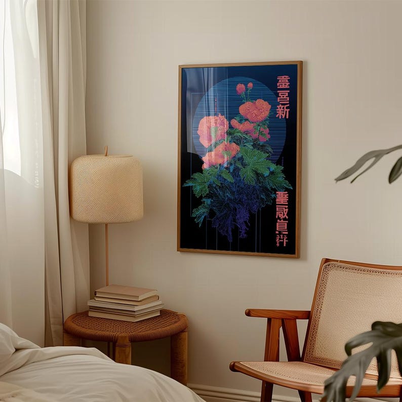May include: A framed art print featuring a floral arrangement with orange and pink blooms, green leaves, and blue and purple accents against a black background. The print has Japanese text on the right and left sides.