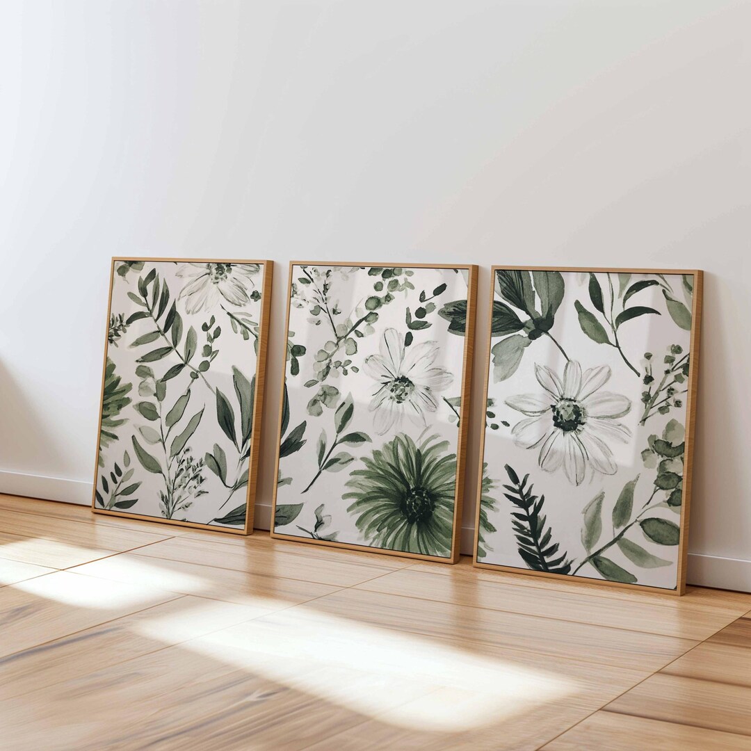 Green Botanical Wall Art Set of 3, Watercolor Floral Prints, Modern ...