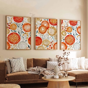 Retro Floral Pattern Set of 3 Posters, Mid Century Modern Floral Prints, Boho Living Room Decor, Bold Botanical Poster Set, Aesthetic Art