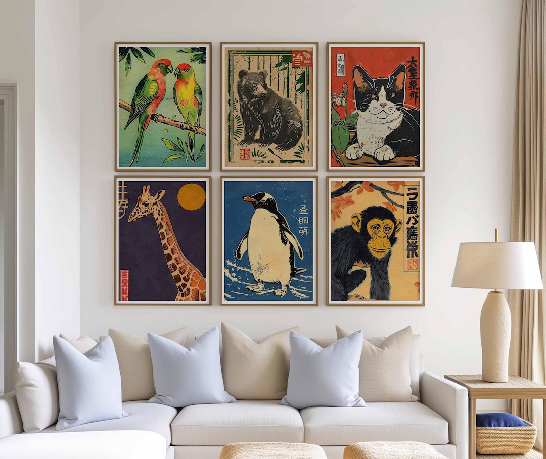 Set of 6 Japanese Vintage Animal Prints, Retro Matchbox-style Wall Art ...