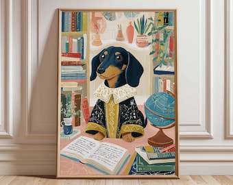 Impression d'art érudit teckel, livres de lecture de chien, déco académique