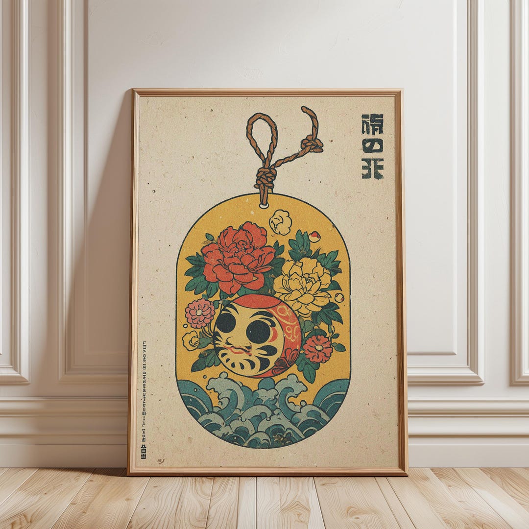 DARUMA NISHIKIGOI 錦鯉柄 インテリア アート達磨 Japanese Daruma Omamori Poster, Vintage Floral Charm Illustration