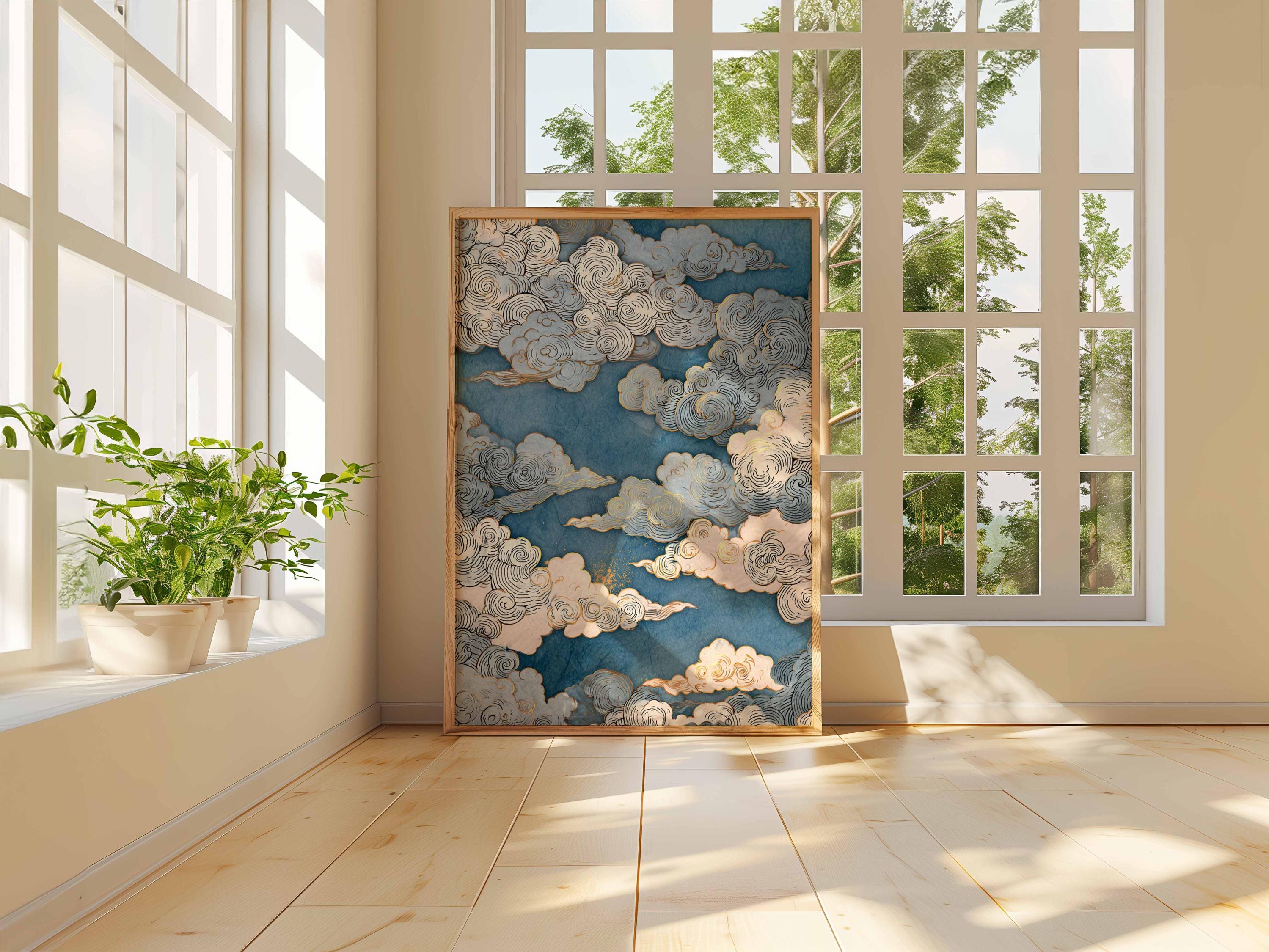 Japanese Cloud Art Poster, Blue and Gold Sky Print, Traditional