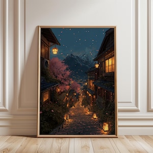Peut inclure: Une impression d'art encadrée représente une scène de rue japonaise nocturne. L'œuvre présente un escalier en pierre bordé de bâtiments traditionnels, éclairé par des lanternes. Des fleurs de cerisier et une montagne enneigée sont visibles en arrière-plan.