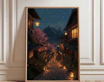 May include: A framed art print showing a Japanese street scene at night. The image features a stone staircase flanked by traditional buildings, lit by lanterns. Cherry blossoms and a snow-covered mountain are visible in the background.