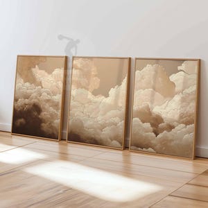 Beige Clouds Bedroom Wall Art Set of 3 Prints, White Clouds Beige Sky Posters, Vintage Home Decor, Set of 3 Large Poster Art, Bedroom Decor