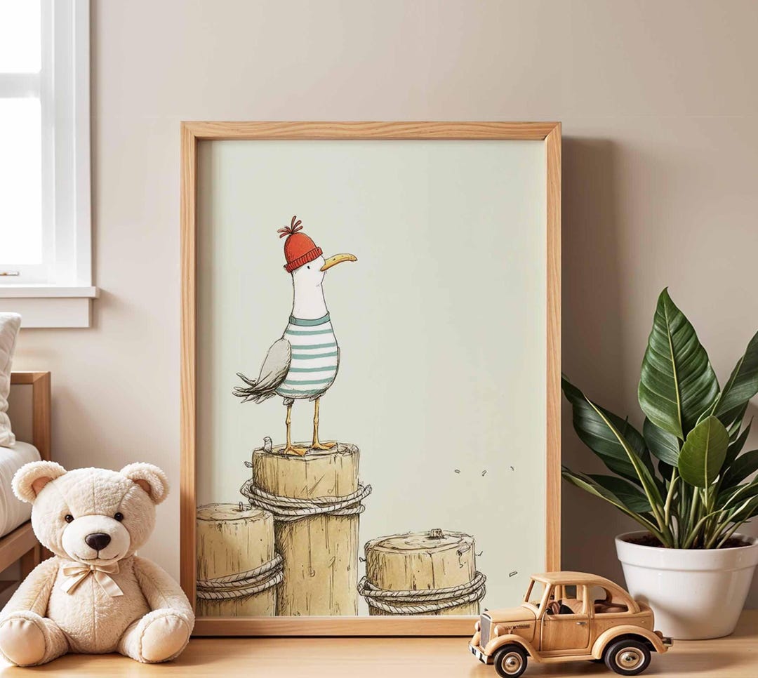 Seagull Nursery Poster, Quirky Bird Illustration, Coastal Kids Wall Art ...