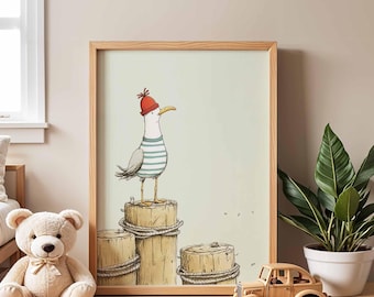 Seagull Nursery Poster, Quirky Bird Illustration, Coastal Kids Wall Art