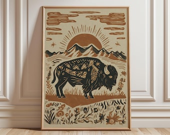 Buffalo Wall Art Print, Southwestern Desert Landscape Poster, Boho Tribal Animal Artwork, Rustic Western Decor