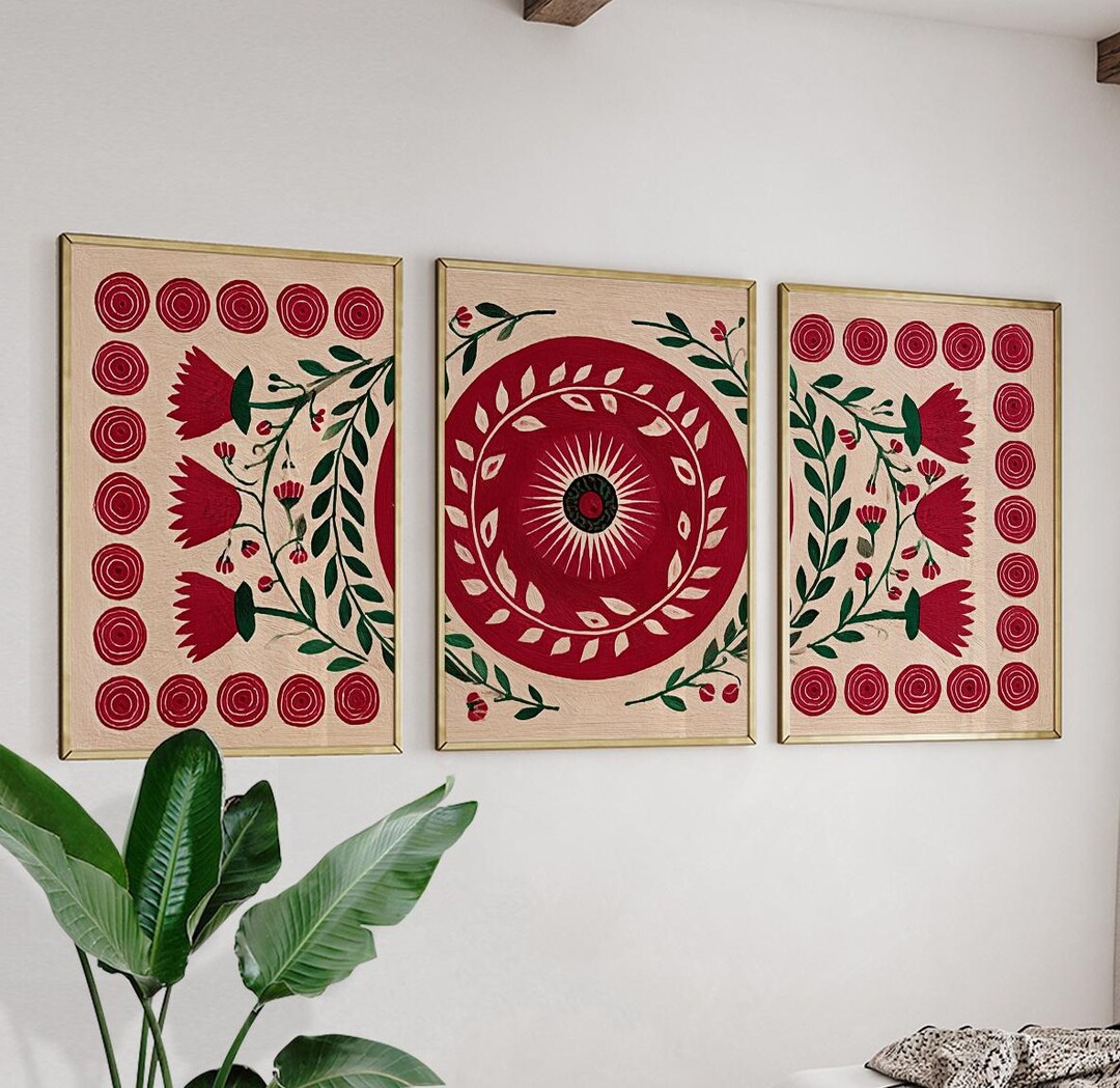 Red Scandinavian Folk Floral Wall Art Poster Set | Nordic Botanical Mid ...