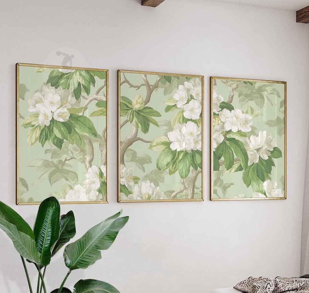 Set of 3 Botanical Prints, Green and White Floral Posters, Vintage ...