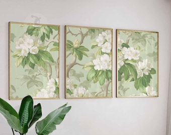 Set vintage botanische prints, groene en witte bloemenmuurkunst