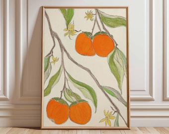 Persimmon Botanical Print, Orange Fruit Wall Art, Kitchen Decor