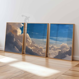 Juego de 3 impresiones de arte de pared con nubes para dormitorio, pósteres de nubes blancas y cielo beige, decoración vintage para el hogar, juego de 3 pósteres grandes, decoración de dormitorio