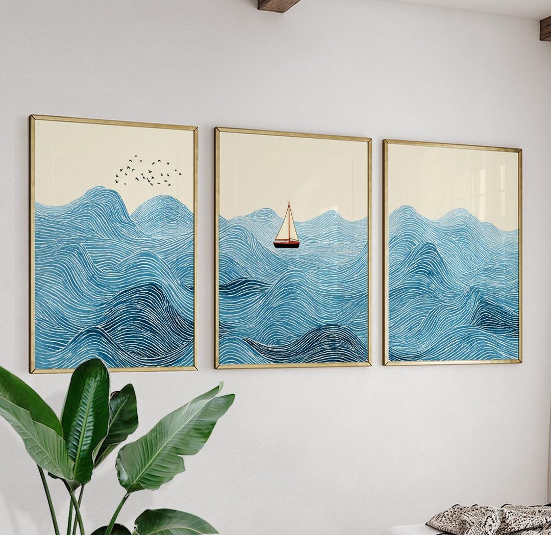 Blue Ocean Wave Wall Art Set of 3 Posters | Sailboat Coastal Triptych ...
