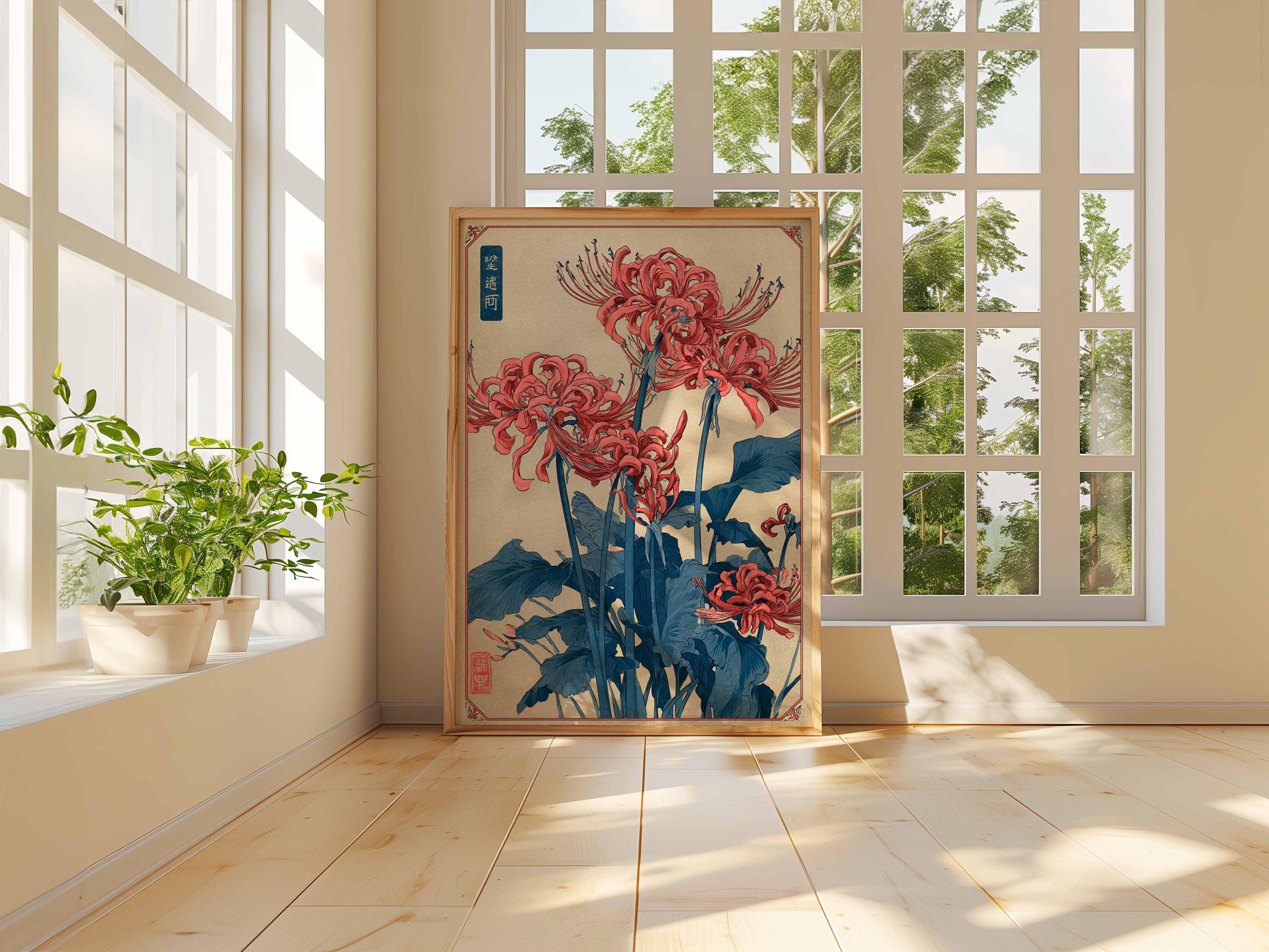 Japanese Red Spider Lily Poster, Vintage Floral Art Print