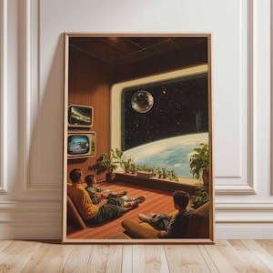 Póster retro de ciencia ficción, decoración cósmica surrealista de los años 70, póster espacial futurista, impresión de paisaje vintage, obra de arte espacial para dormitorio y sala de estar.