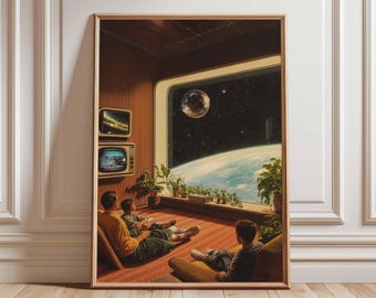 Stampa fantascientifica retrò, paesaggio cosmico anni '70, arte spaziale