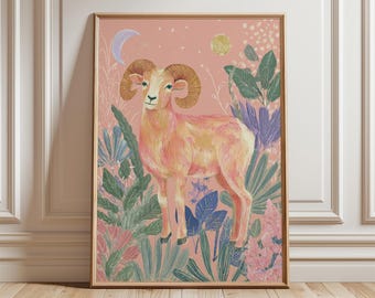 Estampado del signo zodiacal Aries, ilustración de carnero en tonos pastel, decoración astrológica bohemia.