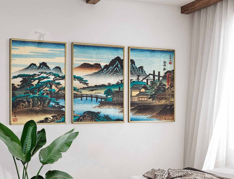 Set of 3 Japanese Floral Posters, Gold Japanese Prints, Botanical Wall