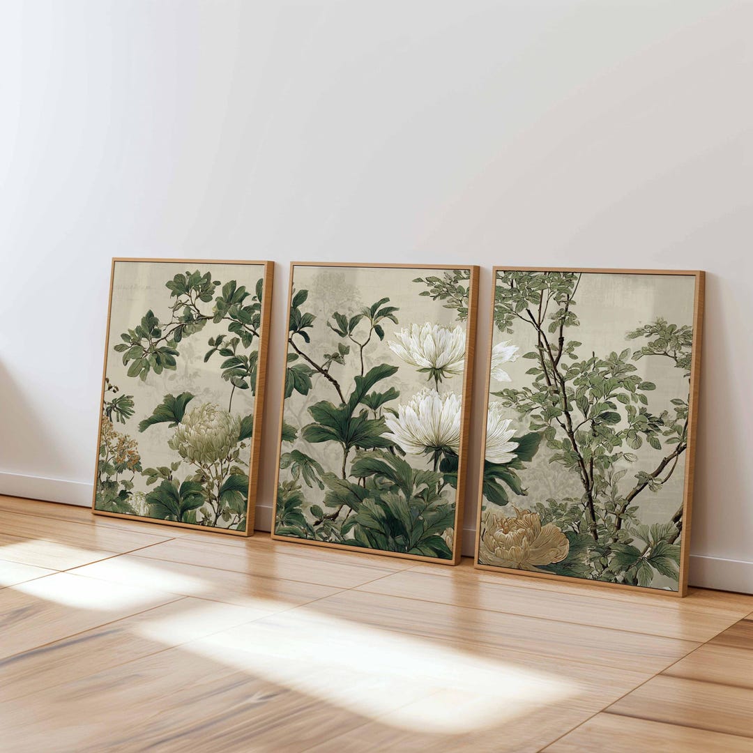 Vintage Botanical Wall Art Prints Set of 3, Green and Beige Floral ...