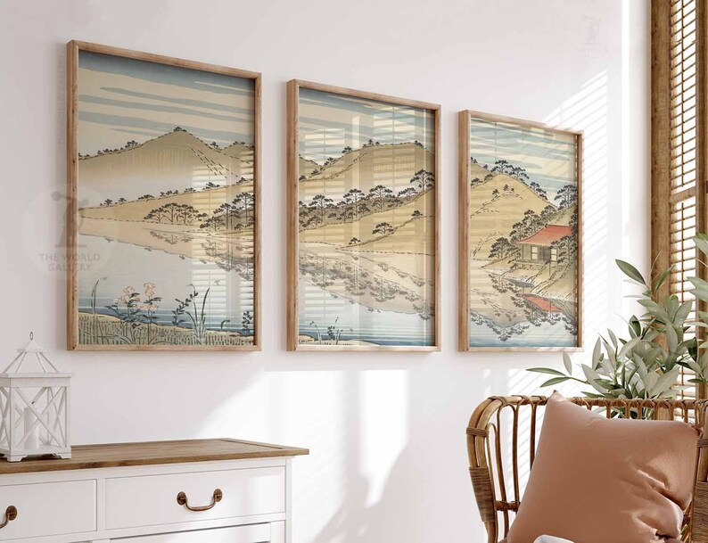 Set of 3 Japanese Floral Posters, Gold Japanese Prints, Botanical Wall