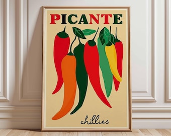 Chilipepers poster, poster pittige keuken, vintage eten illustratie, Mexicaans kookdecor, kleurrijk eetkamerkunstwerk