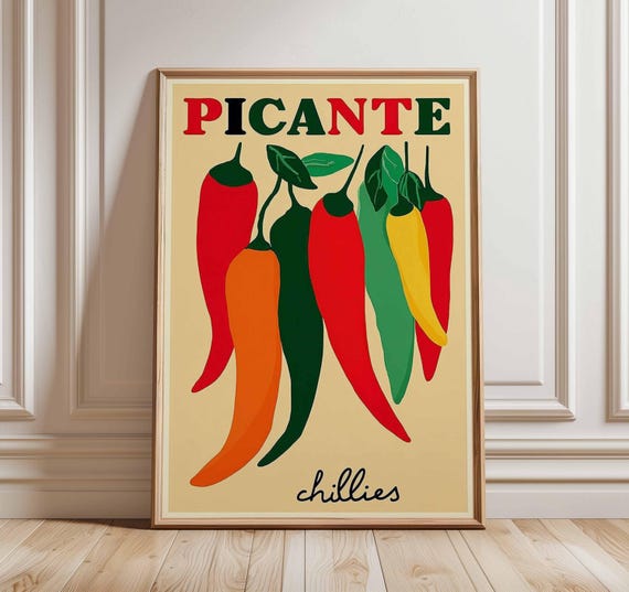 Chili Peppers Poster, Spicy Kitchen Wall Art Print, Vintage Food Illustration, Mexican Cooking Decor, Colorful Dining Room Artwork