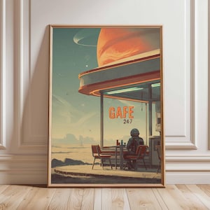 Póster retro de ciencia ficción, decoración cósmica surrealista de los años 70, póster espacial futurista, impresión de paisaje vintage, obra de arte espacial para dormitorio y sala de estar.