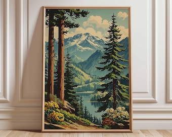Mountain Forest Wall Art, Nature Landscape Poster Print, Wilderness Hiking Artwork, Rustic Cabin Decor, Scenic National Park Print