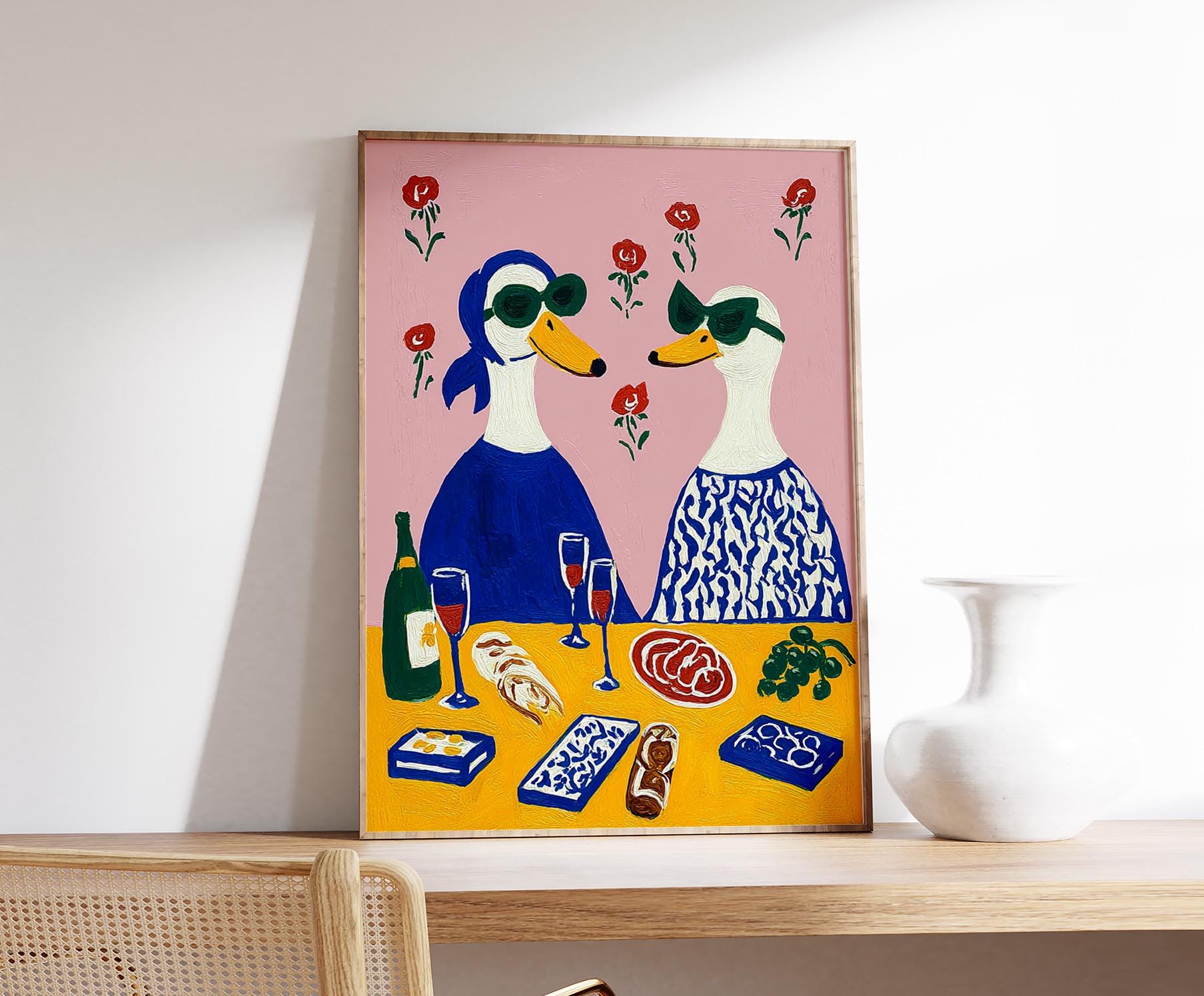 Whimsical Duck Dinner Art Print, Retro Animal Poster, Retro Wall