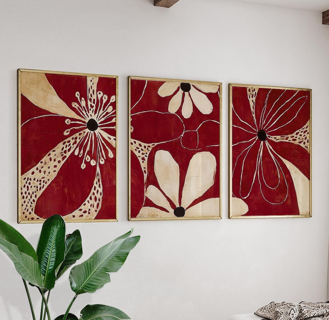 Red Beige Abstract Floral Wall Art Posters Set of 3 | Modern Botanical ...