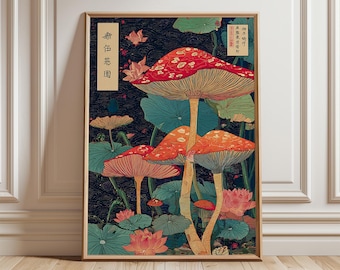 Japanese Mushroom Print, Vintage Botanical Art, Psychedelic Forest