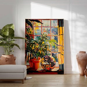 May include: A painting of a window with a view of lush green plants and a disco ball on a table. The window is framed in wood and has a yellow curtain. The painting is in a modern style and has a bright and colorful palette.
