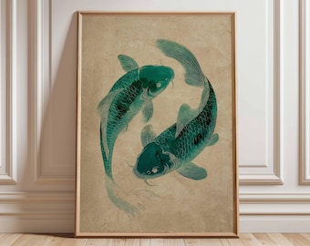 Japanisches Koi Fisch Poster, minimalistische Japandi Kunst, ruhiges grünes Dekor