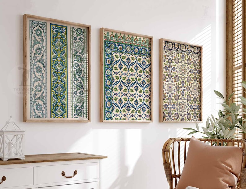May include: Three framed prints with intricate geometric patterns in shades of blue, green, and yellow. The frames are made of wood and have a light brown finish.