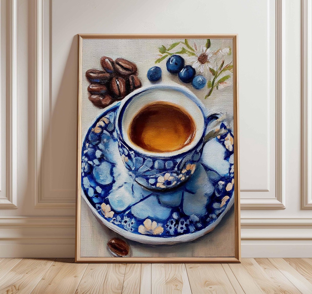 Coffee Art Print | Blue and White Kitchen Wall Art | Realistic Oil ...
