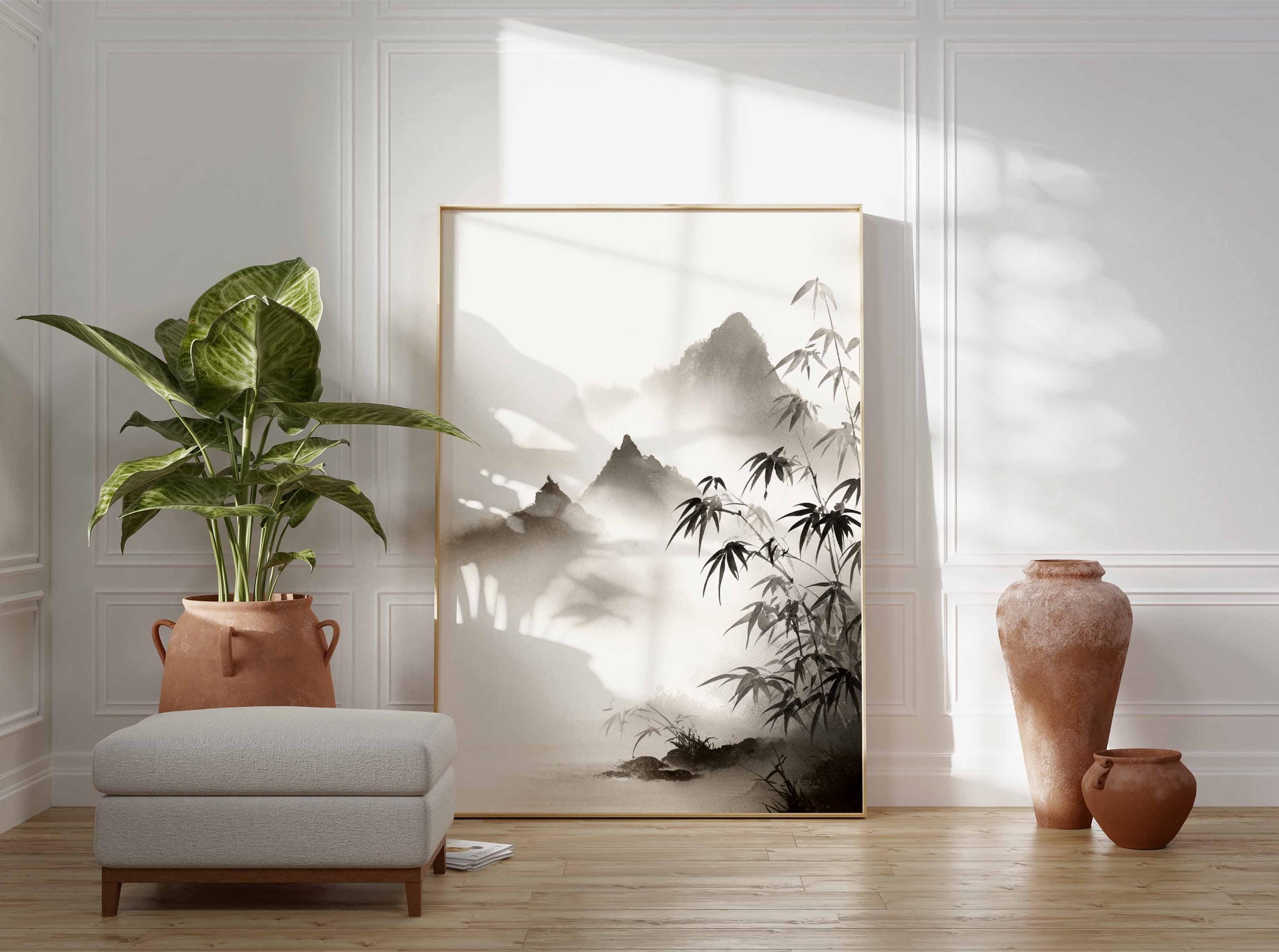 Japanese Mountain Mist Poster, Zen Landscape Art Print, Black and