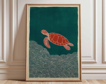 Red Sea Turtle Art Print, Japanese Style Ocean Poster, Minimalist Marine Wall Art, Coastal Nature Illustration, Blue Beach Home Decor