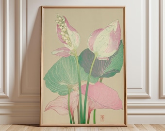 Estampado de flor de loto japonesa, arte botánico para pared, decoración del hogar en tonos pastel.