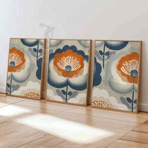 Retro Flower Wall Art Set of 3, Mid Century Modern Floral Prints, Boho Living Room Decor, Bold Botanical Poster Set, Aesthetic Art
