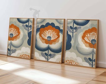 Mid Century Modern Floral Print Set, Retro Botanical Wall Art